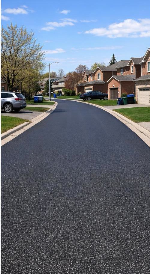 Residential street resurfaced with smooth fresh black asphalt