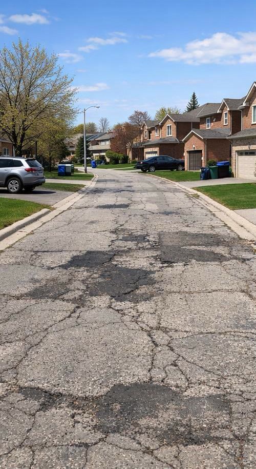 The same residential street with cracked, alligatored asphalt before repaving