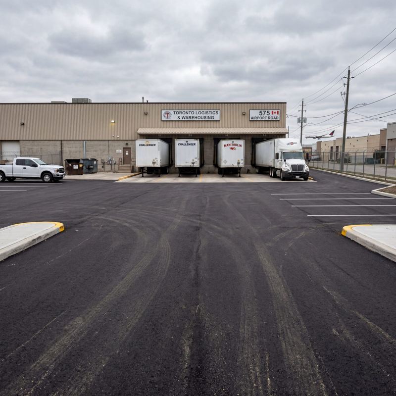 Newly paved asphalt parking and loading dock area with striping and concrete curbs at a Toronto GTA logistics warehouse